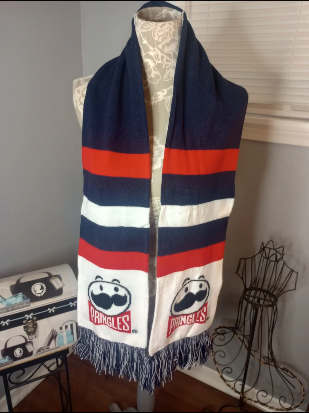 Pringle Navy, Red & White Striped Logo Scarf
